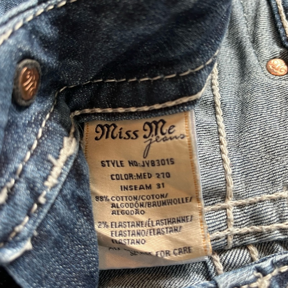 Miss Me Blue Skinny Jeans with Distressed Wash and Vintage Look - Picture 7 of 11